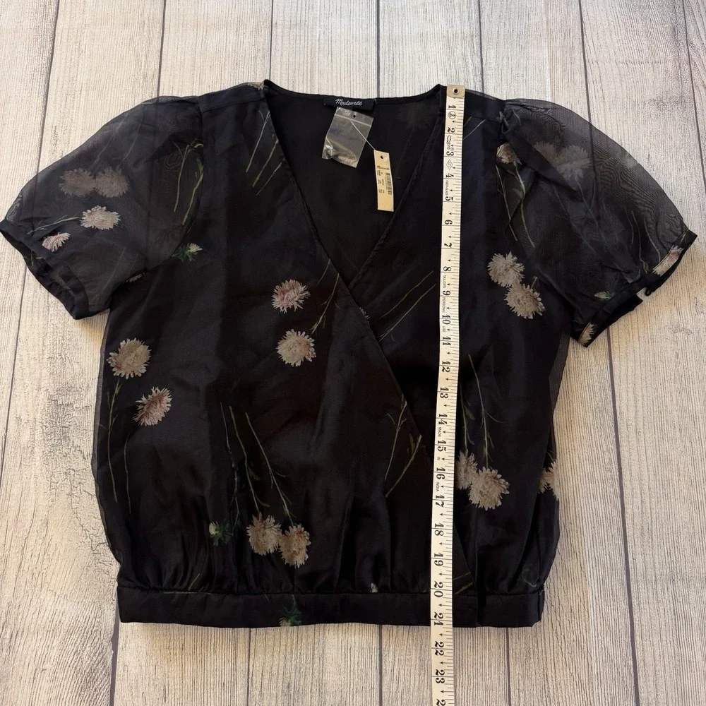 Madewell Silk Organza Puff-Sleeve Wrap Top Aster Portrait Black Women Size XS
